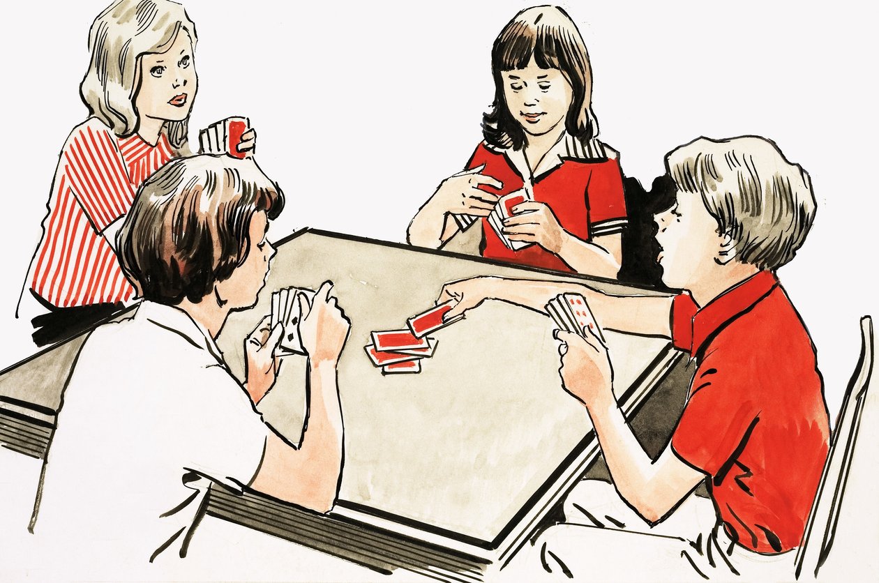 Fyra barn som spelar kort av English School