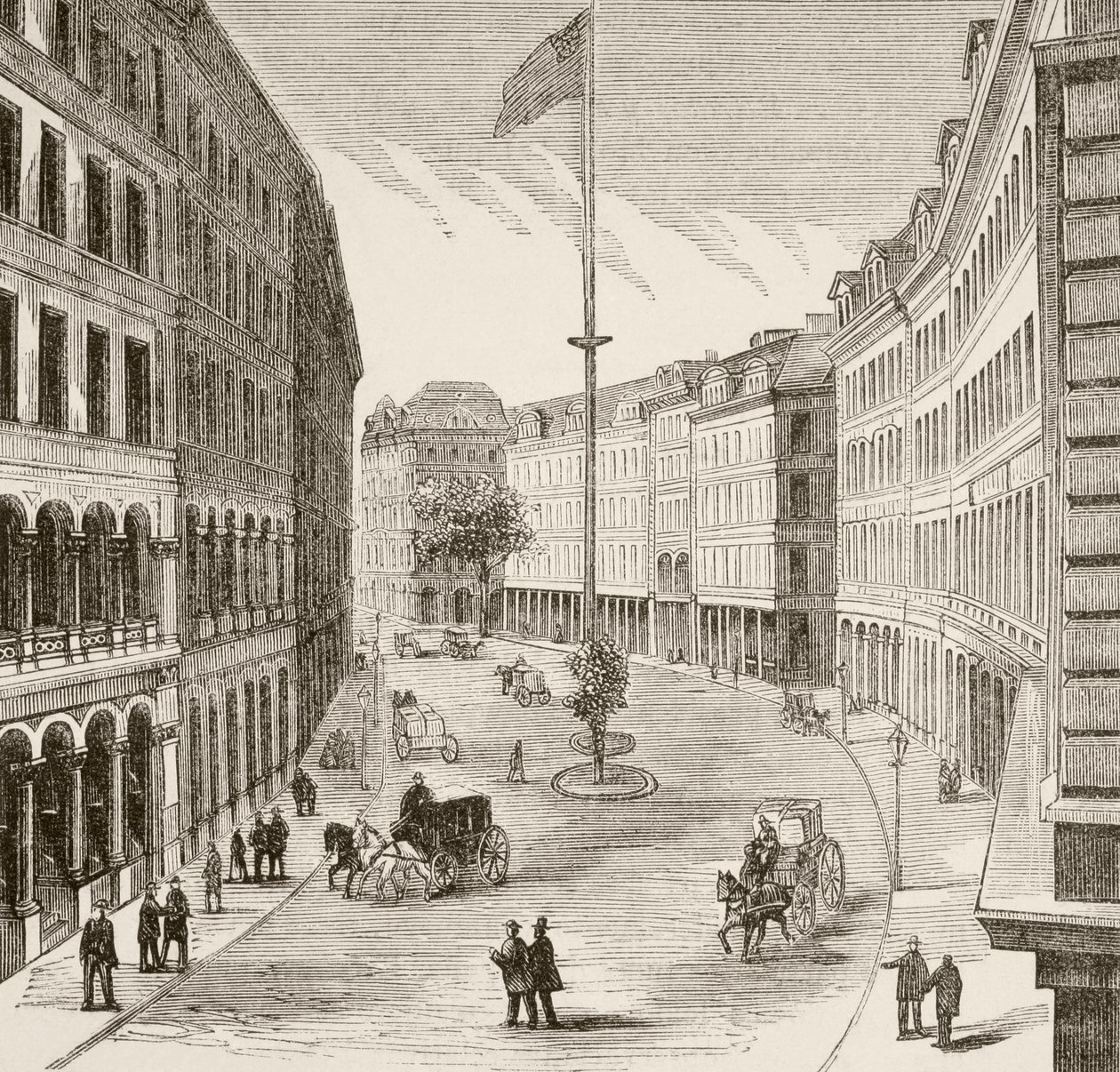Franklin Street, Boston, Massachusetts på 1870-talet (litho) av English School