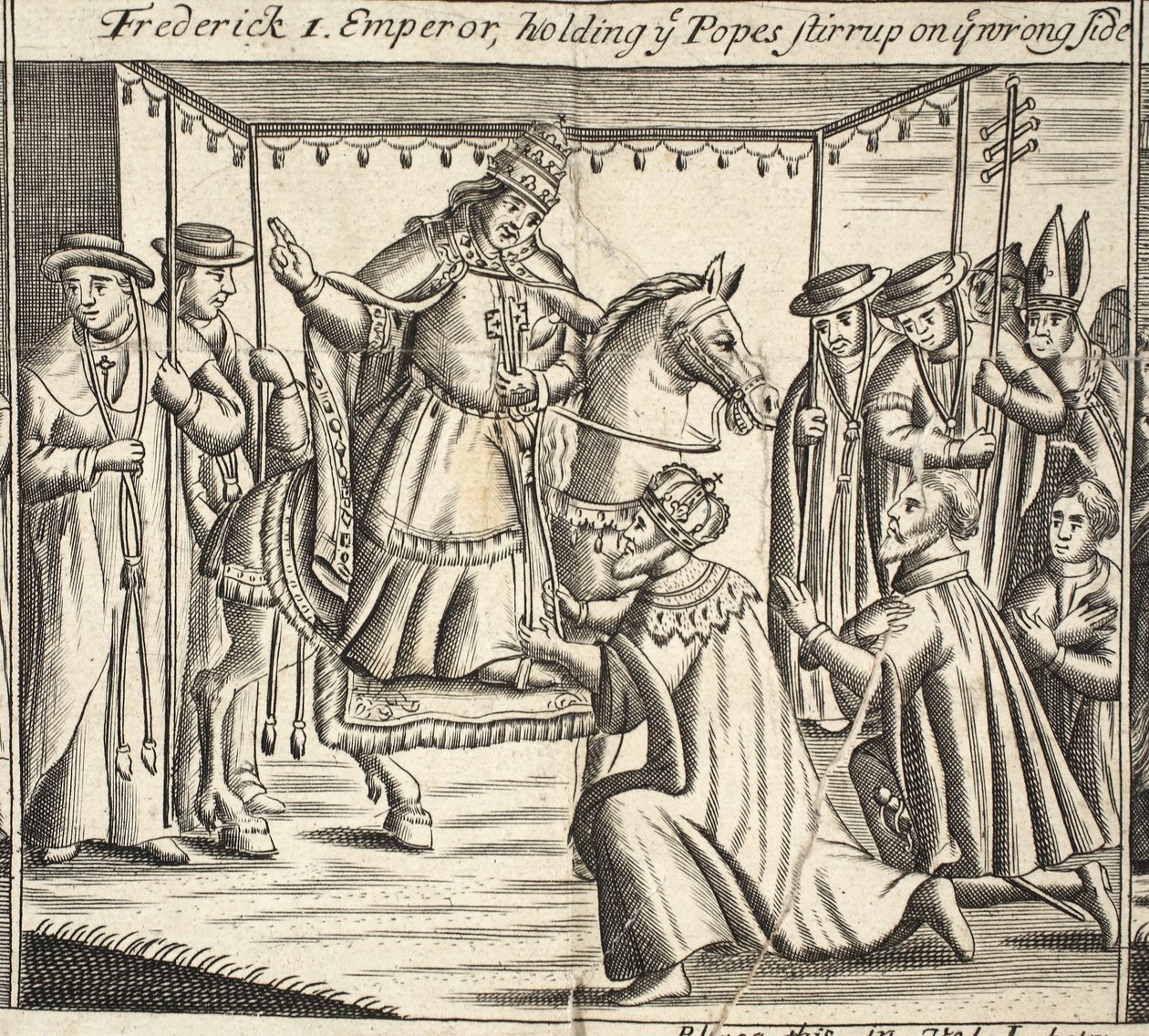 Frederick I, kejsare, håller ye Popes stigbygel på ye fel sida, illustration från Acts and Monuments av John Foxe, nionde upplagan, pub. 1684 av English School