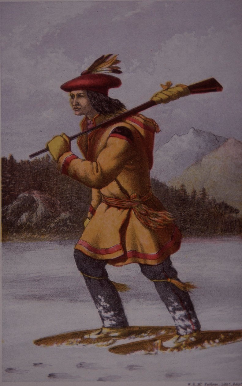Fransk pälsfångare i Kanada på 1700-talet (färg litho) av English School