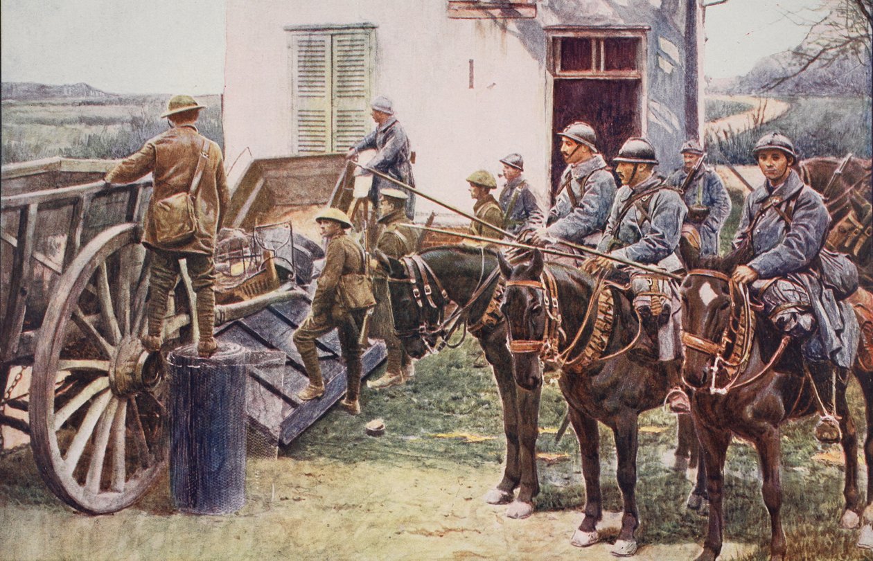 Franska Lancers anländer till en bys utpost och kommer till hjälp för de brittiska styrkorna, 1914-19 av English School