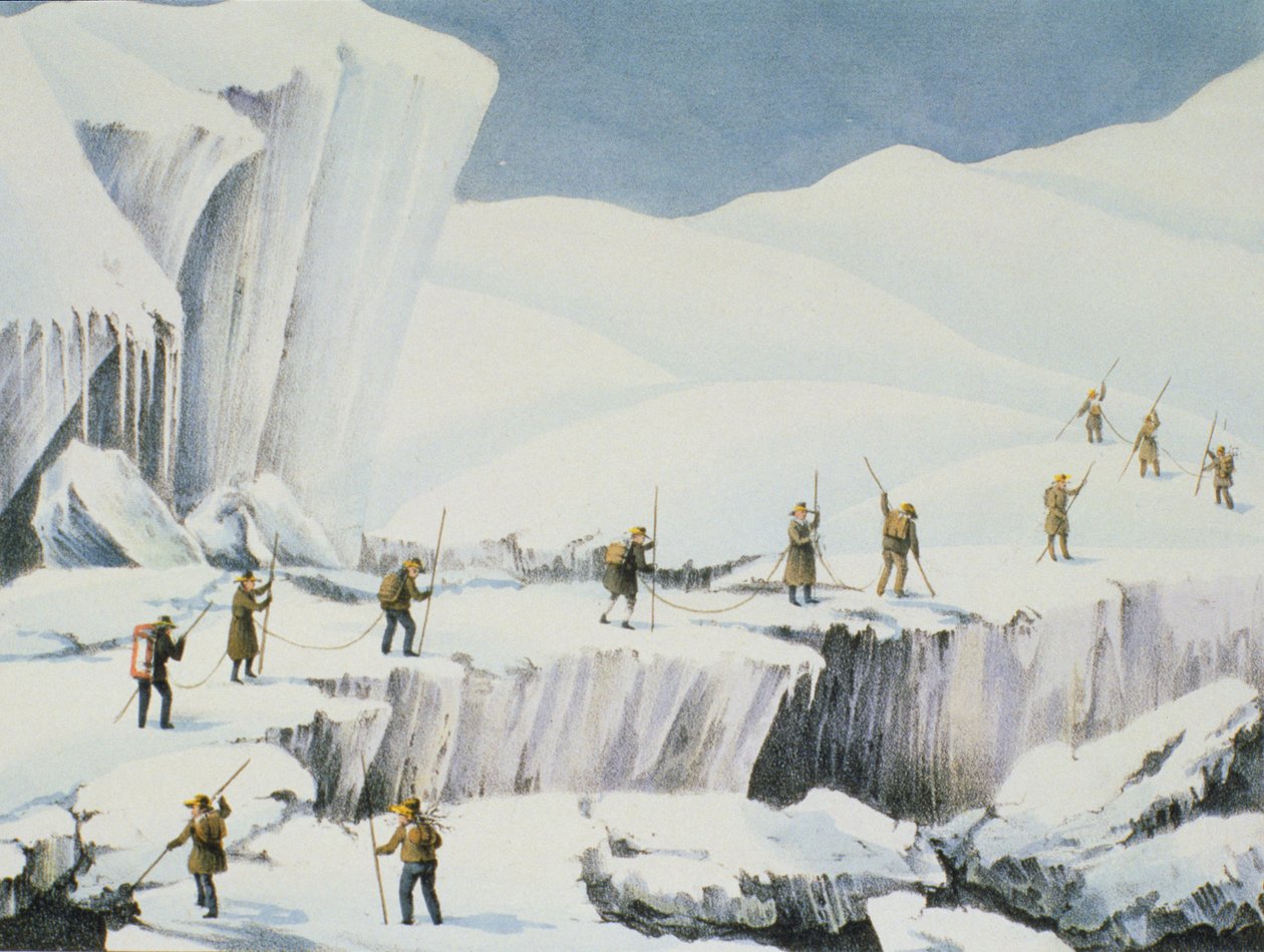 Frekvent uppkomst av isen med broar av snö, från A Narrative of an Ascent to the Summit of Mont Blanc av Charles Fellows (1799-1860), publicerad 1827 av English School