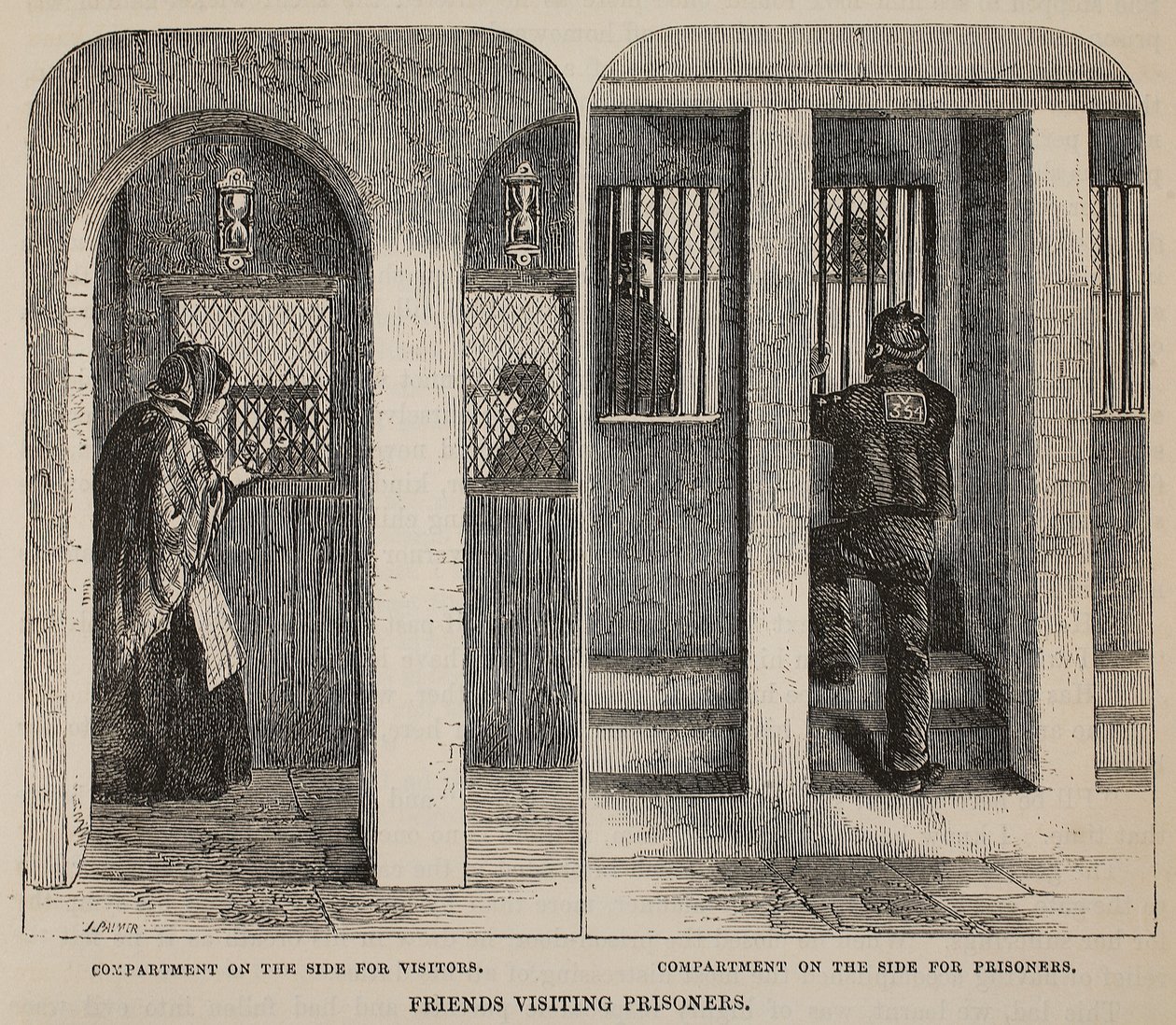 Vänner som besöker fångar, illustration från The Criminal Prisons of London och Scenes from Prison Life av Henry Mayhew och John Binny, pub. 1862 av English School