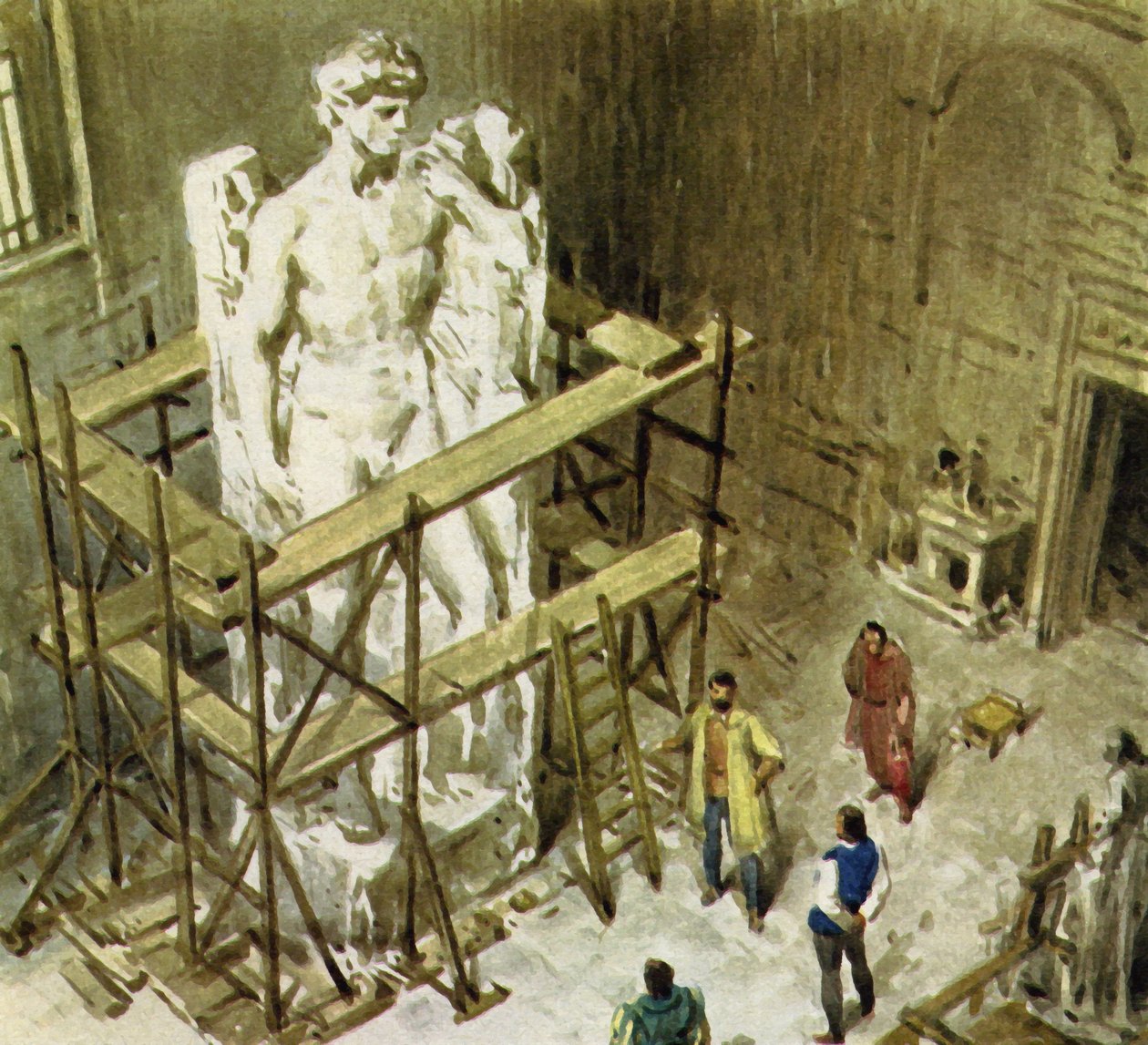 Från ett enormt marmorblock skapade Michaelangelo David (färglitografi) av English School