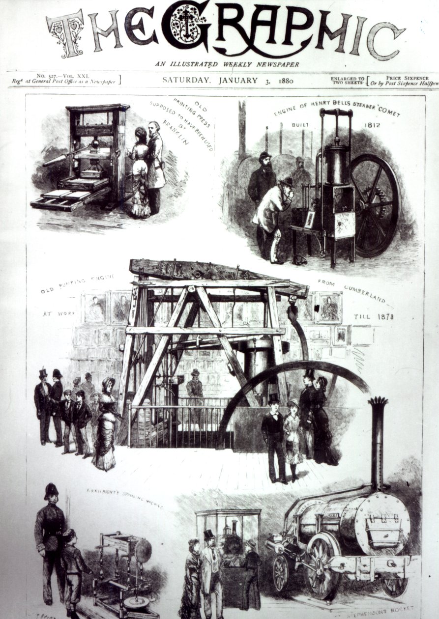 Framsidan av The Graphic som visar viktiga uppfinningar, 3 januari 1880 av English School