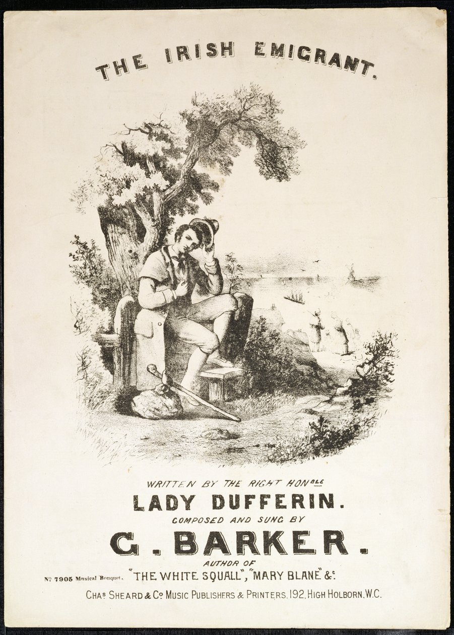 Främre omslag av musikpartitur till The Irish Immigrant, skriven av Lady Dufferin, komponerad av G. Barker av English School