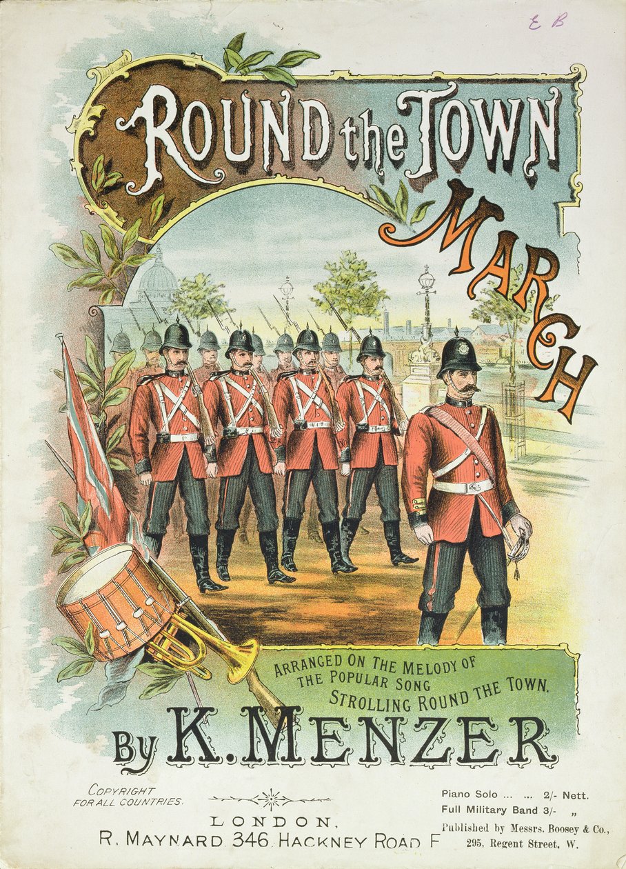 Framsidan av noten till Round the Town March, av K. Menzer av English School