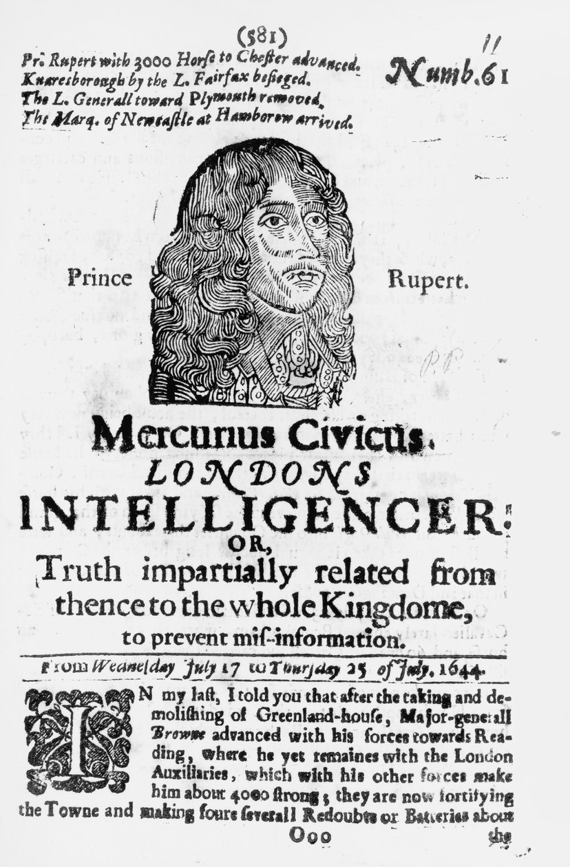 Första sidan från Mercurius Civicus, publicerad 1644 av English School