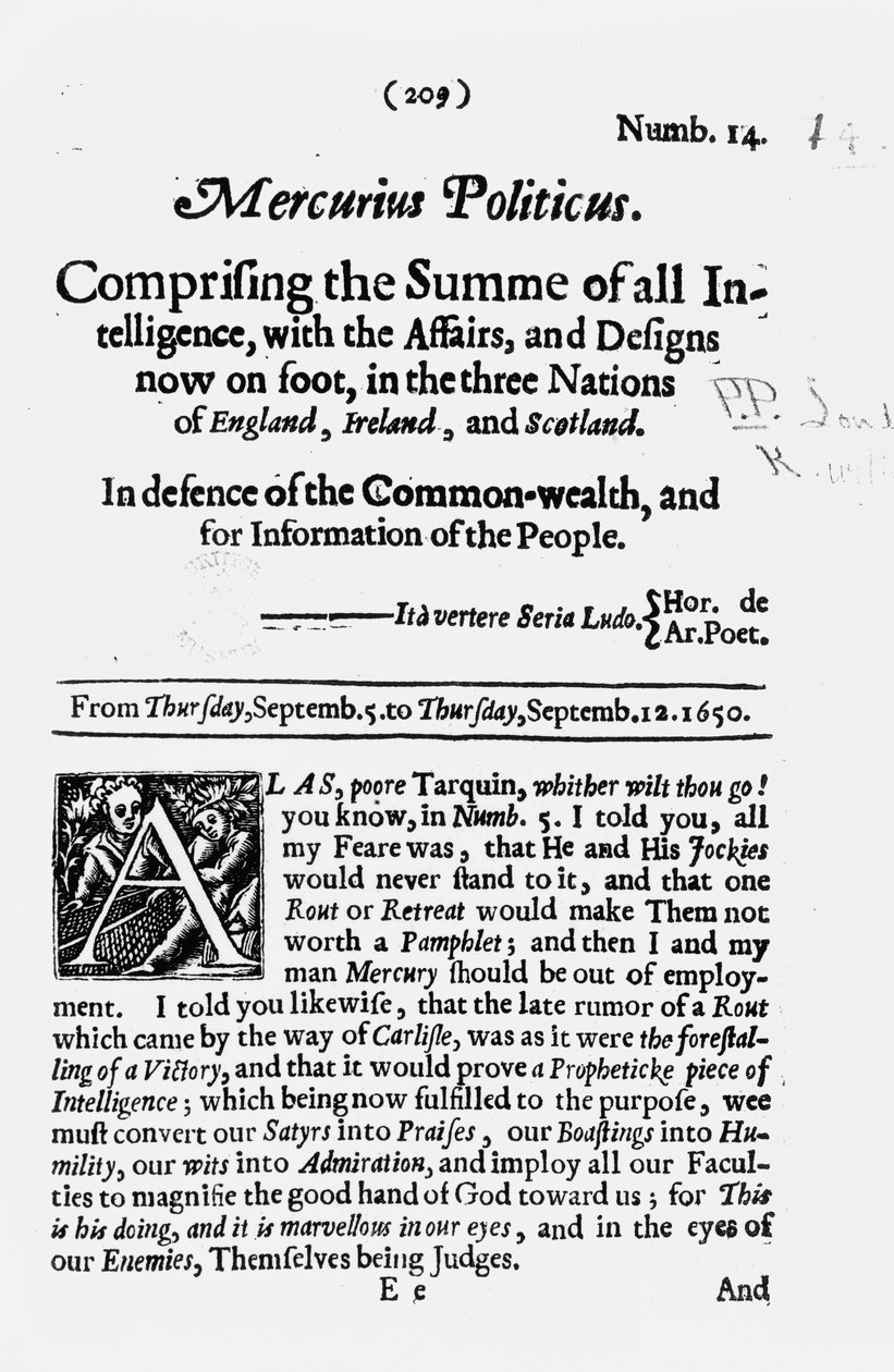 Första sidan, från Mercurius Politicus, till försvar av samväldet och för information till folket, 1650 av English School