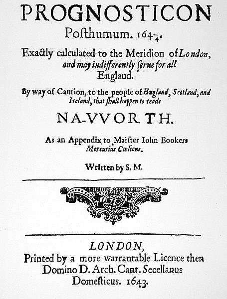 Första sidan från Prognosticon, publicerad 1643 av English School