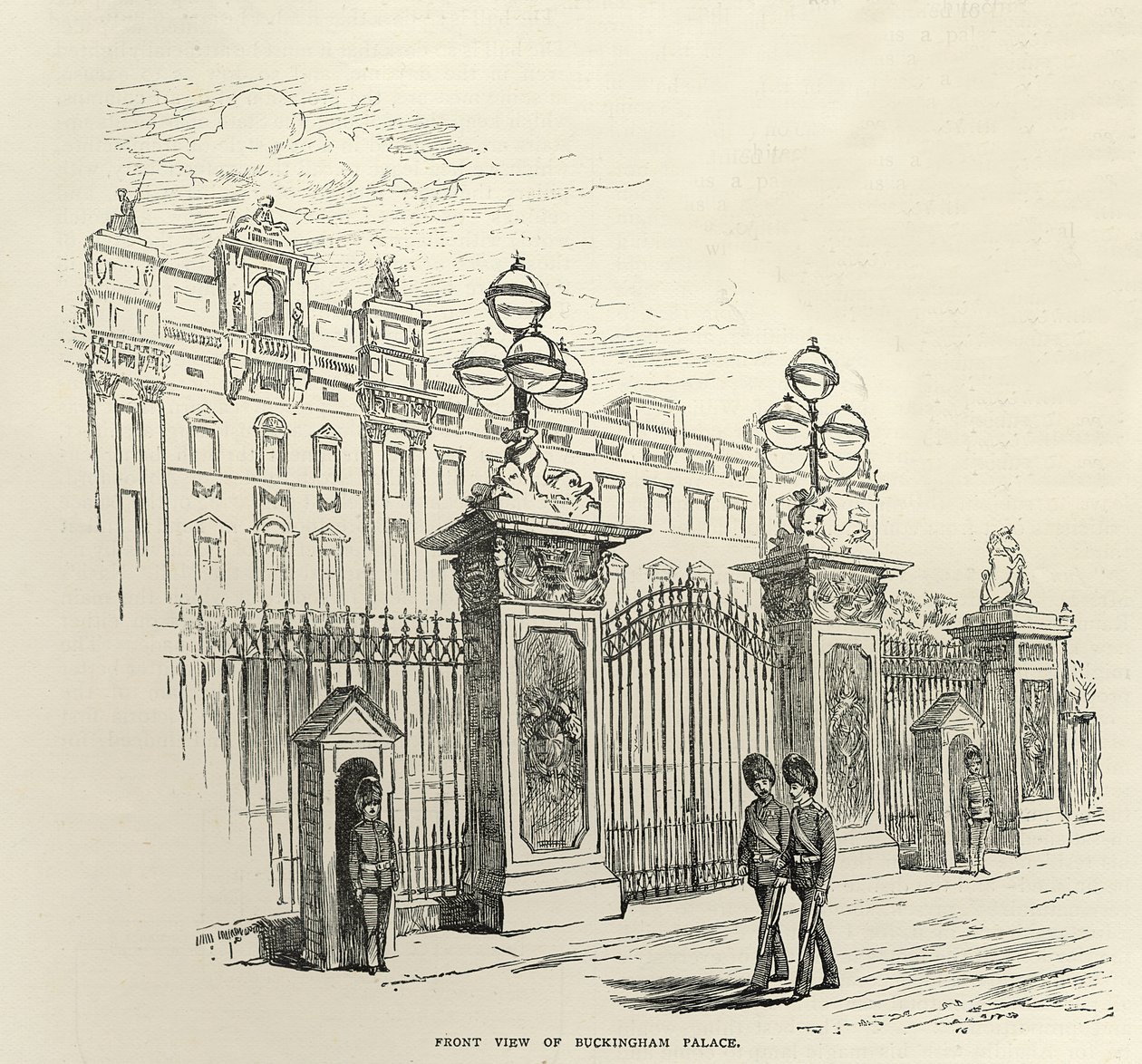 Framifrån av Buckingham Palace, från "Leisure Hour", 1888 av English School