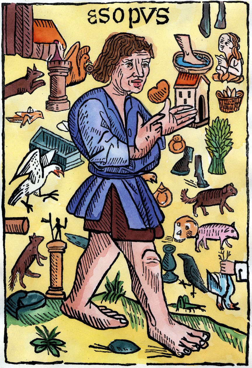 Frontispice av ""Fables"" av Aesop, upplagor tryckta i England av William Caxton (1422? - 1491). av English School