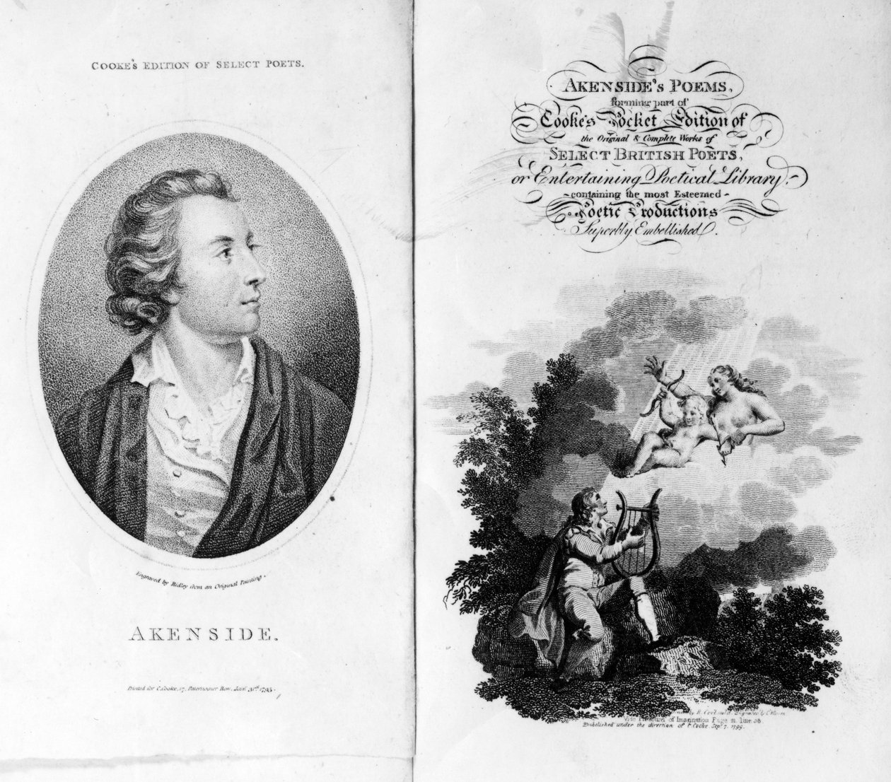 Frontispice och titelsida för Akensides-dikter från Cookes Pocket Edition av utvalda brittiska poeter, publicerad 1799 av English School