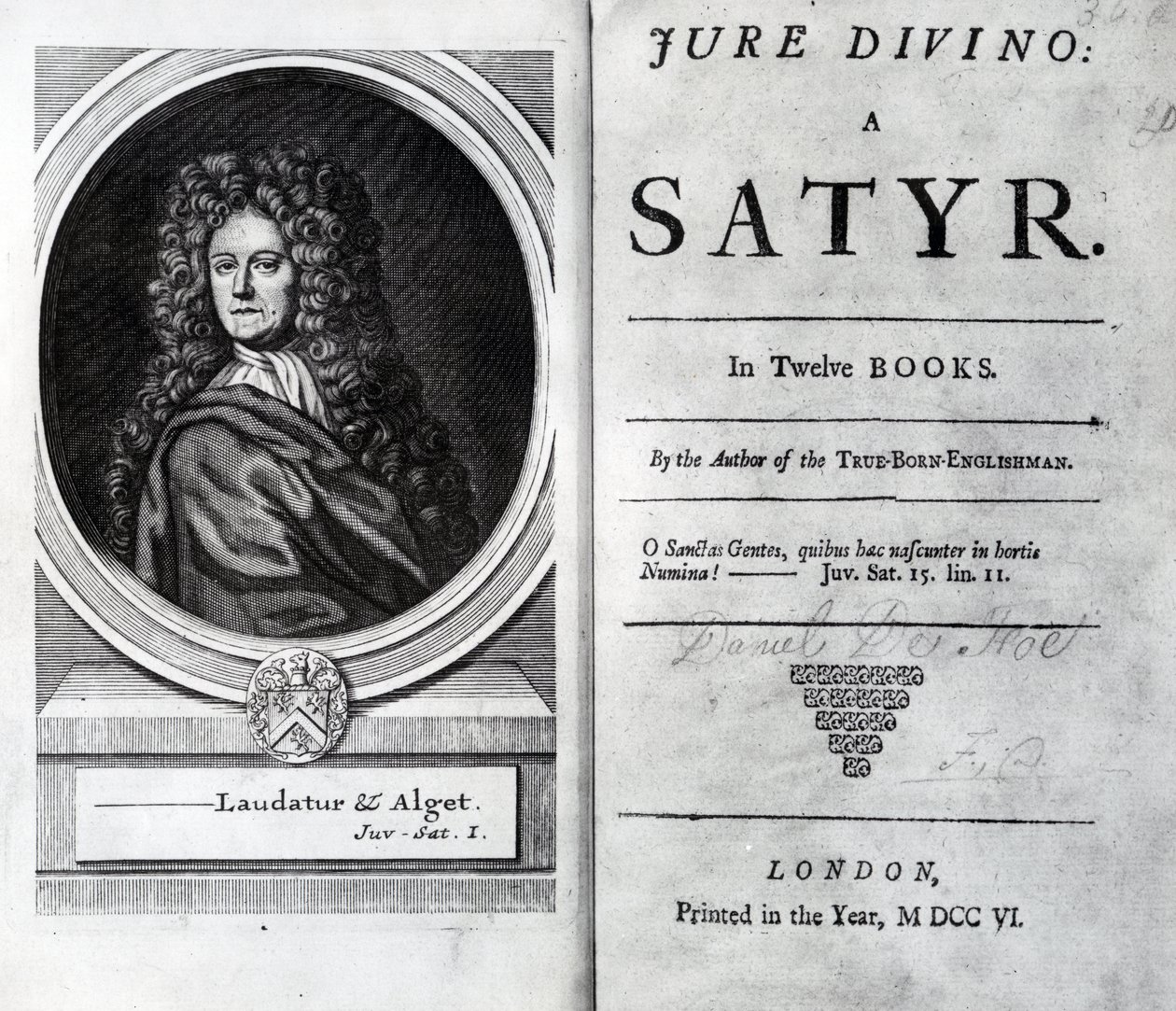 Frontispice och titelsida för Jure Divino: A Satyr av Daniel Defoe, publicerad 1706 av English School