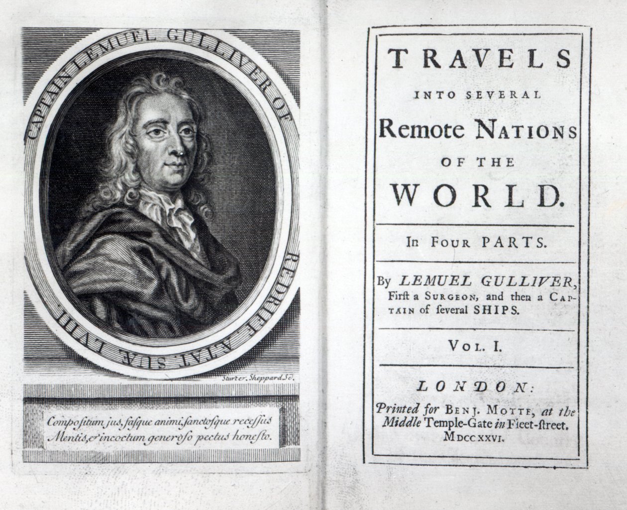 Frontispice och titelsida till Gullivers resor av Jonathan Swift, 1726 av English School