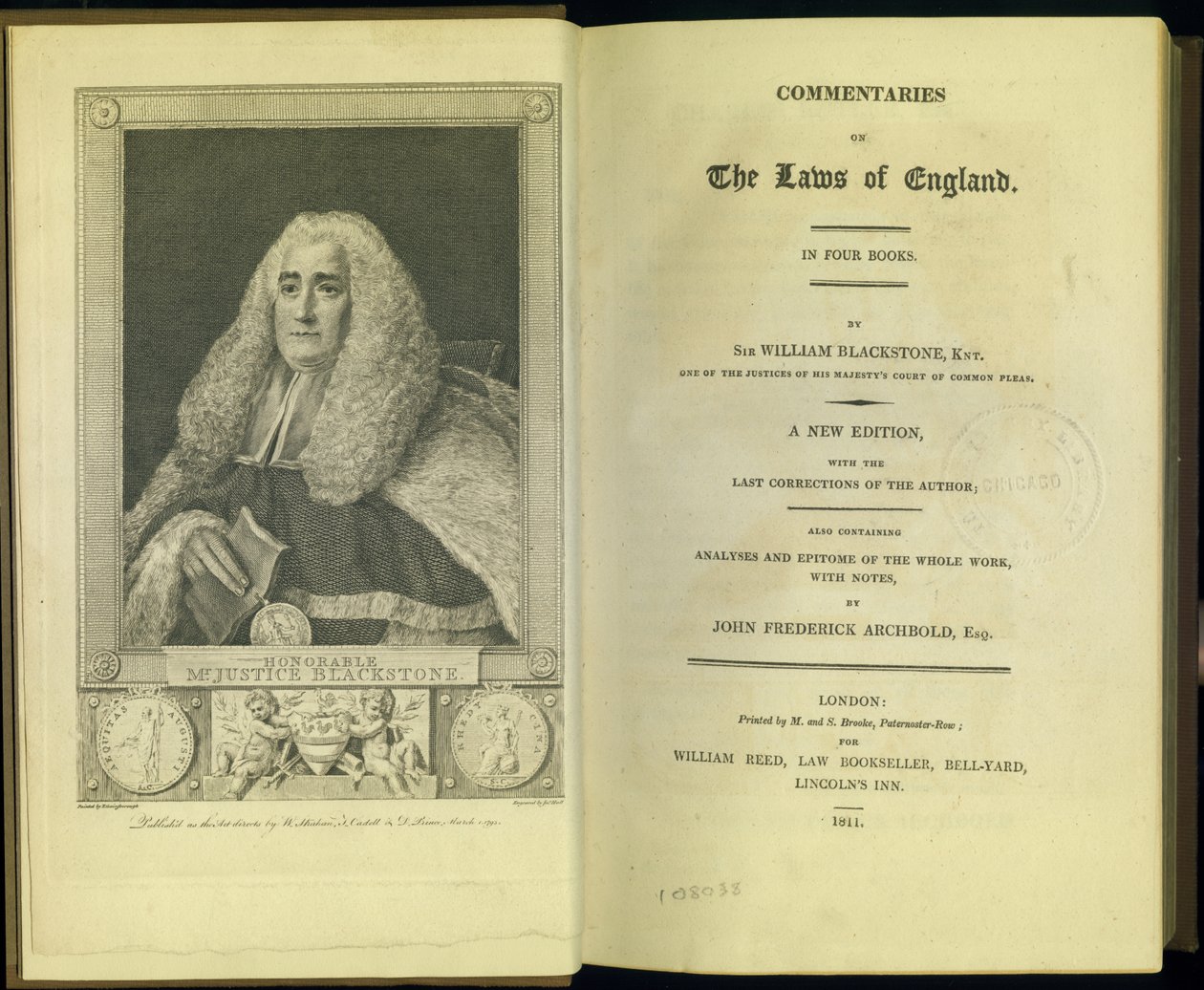 Frontispice och titelsida från Commentaries on the Laws of England in Four Books, av Sir William Blackstone, Knt., utgiven av M. och S. Brooke, London, 1811 av English School
