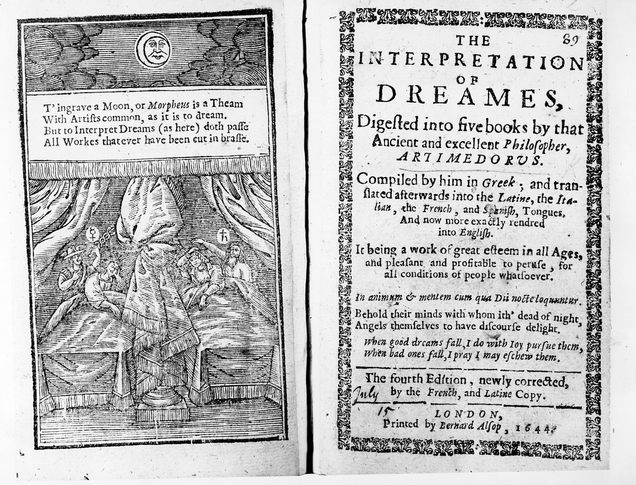 Frontispice och titelsida till The Interpretation of Dreams av Artemidorus, engelsk upplaga publicerad 1644 av English School