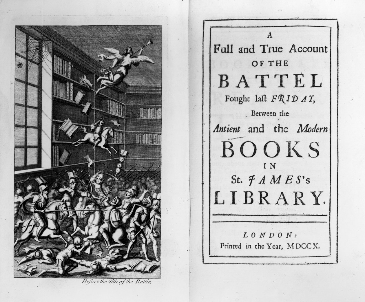 Frontispice och titelsida till The Battle of the Books av Jonathan Swift, publicerad 1710 av English School