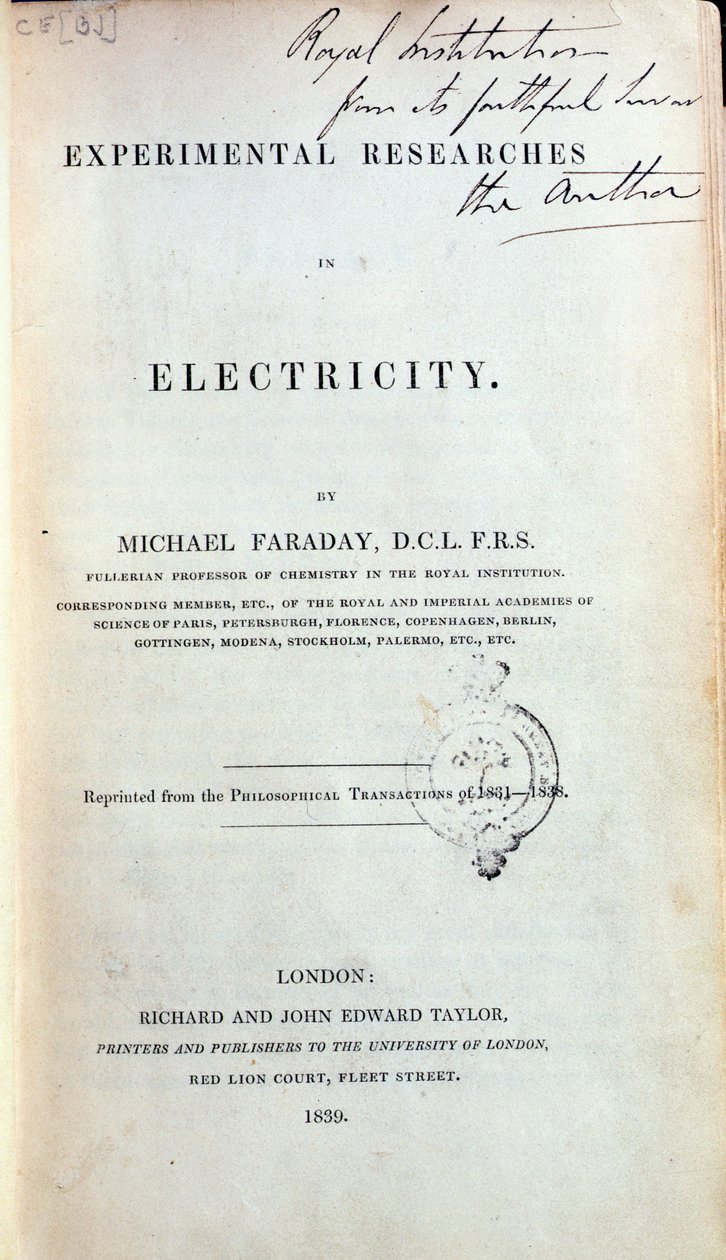 Frontispice for Experimental Researches in Electricity av Michael Faraday (1791-1867) publicerad 1839 av English School