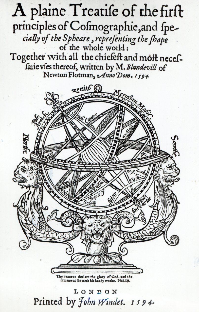 Frontispice från A Plain Treatise of the First Principles of Cosmography av Thomas Blundeville, publicerad 1594 av English School