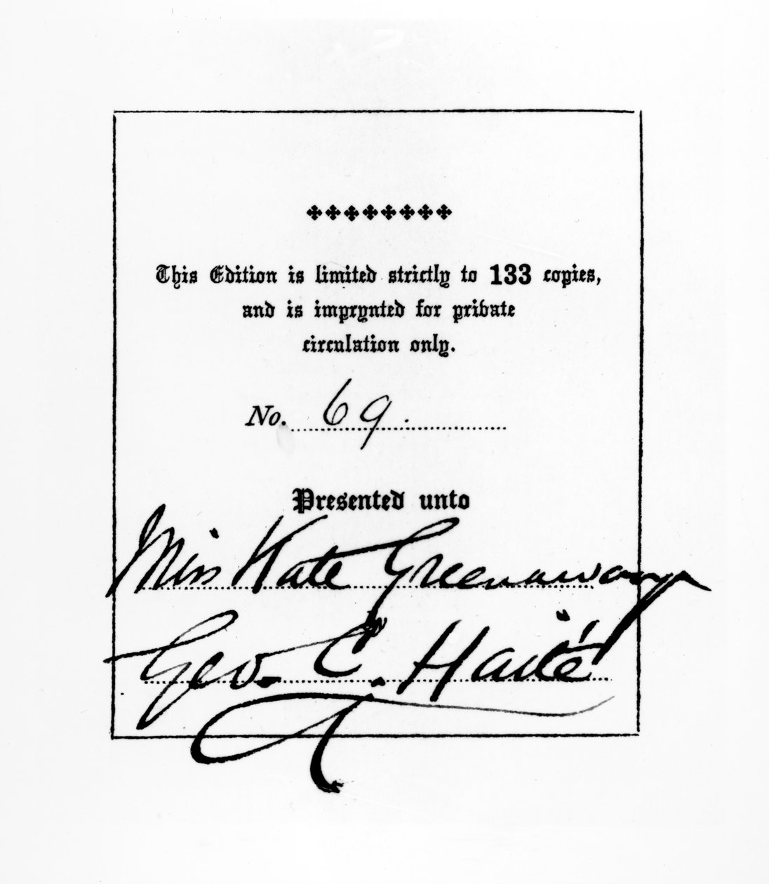 Frontispice från en Sette of Odd Volumes-publikation av George C. Haite tillägnad Kate Greenaway, ca 1880-1900 (penna och bläck och boktryck på papper) av English School