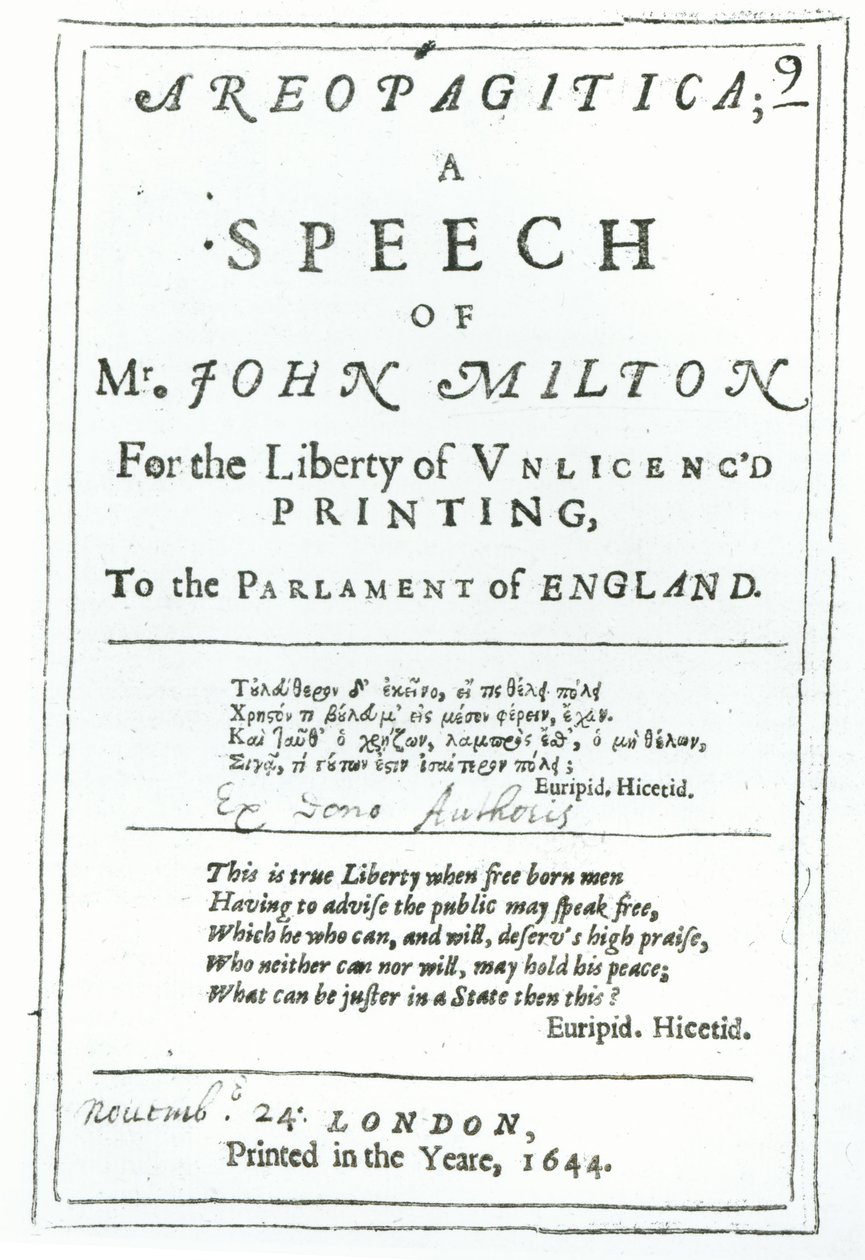 Frontispice av Areopagitica, ett tal av John Milton (1608-74) pub. år 1644 av English School