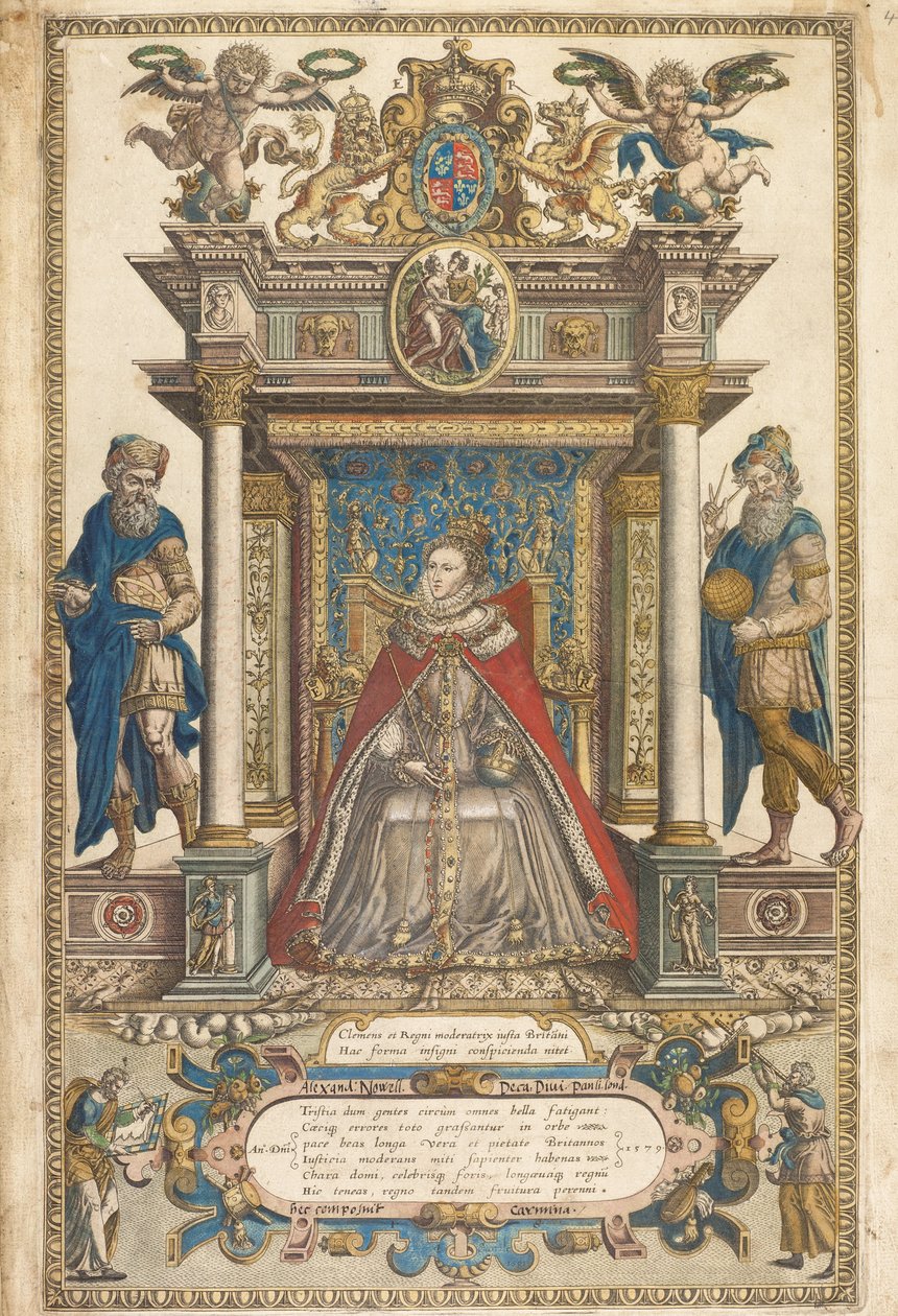 Frontispice av Atlas of the Countries of England and Wales av Christopher Saxon, London 1579 (handkolorerad gravyr) av English School
