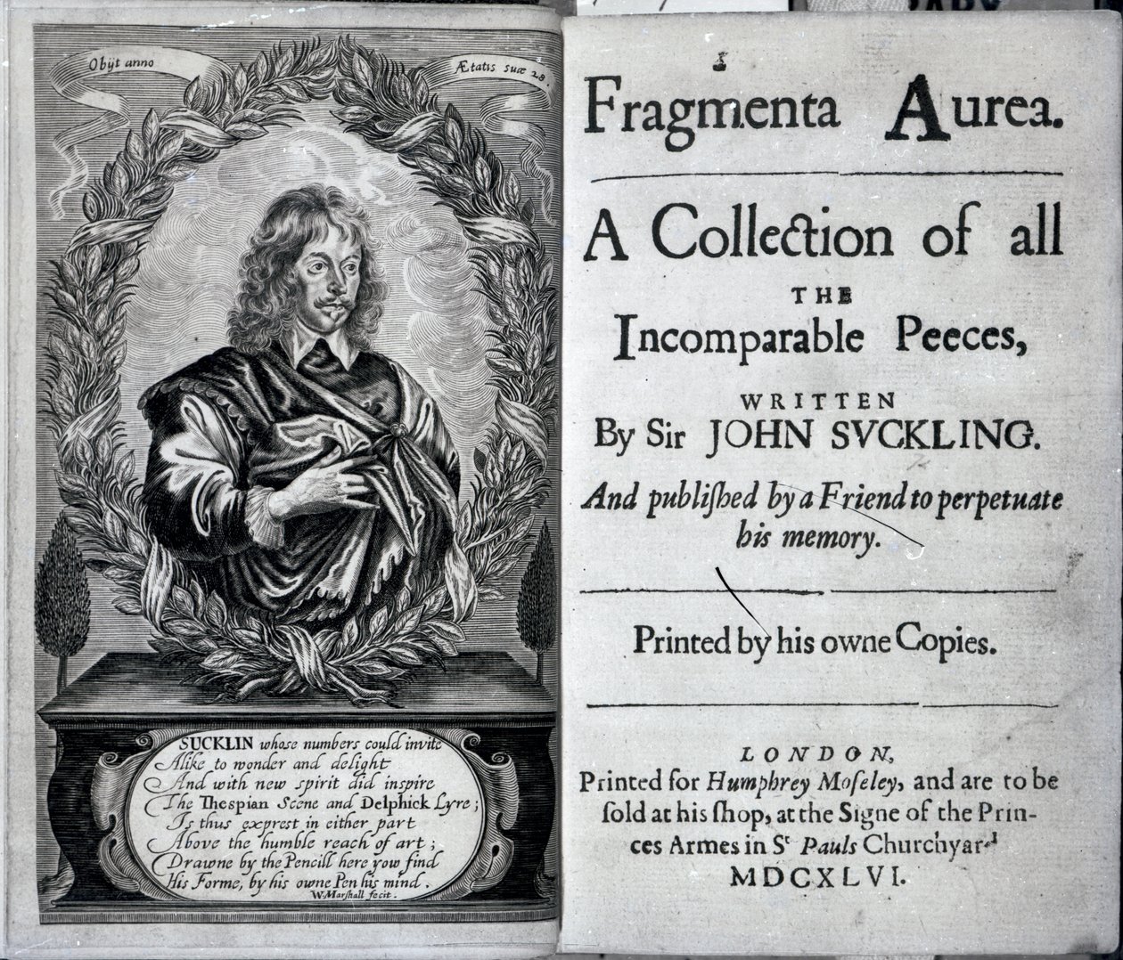 Frontispice of Fragmenta Aurea, A Collection of all the Incomparable Peeces skriven av Sir John Suckling, publicerad 1646 av English School