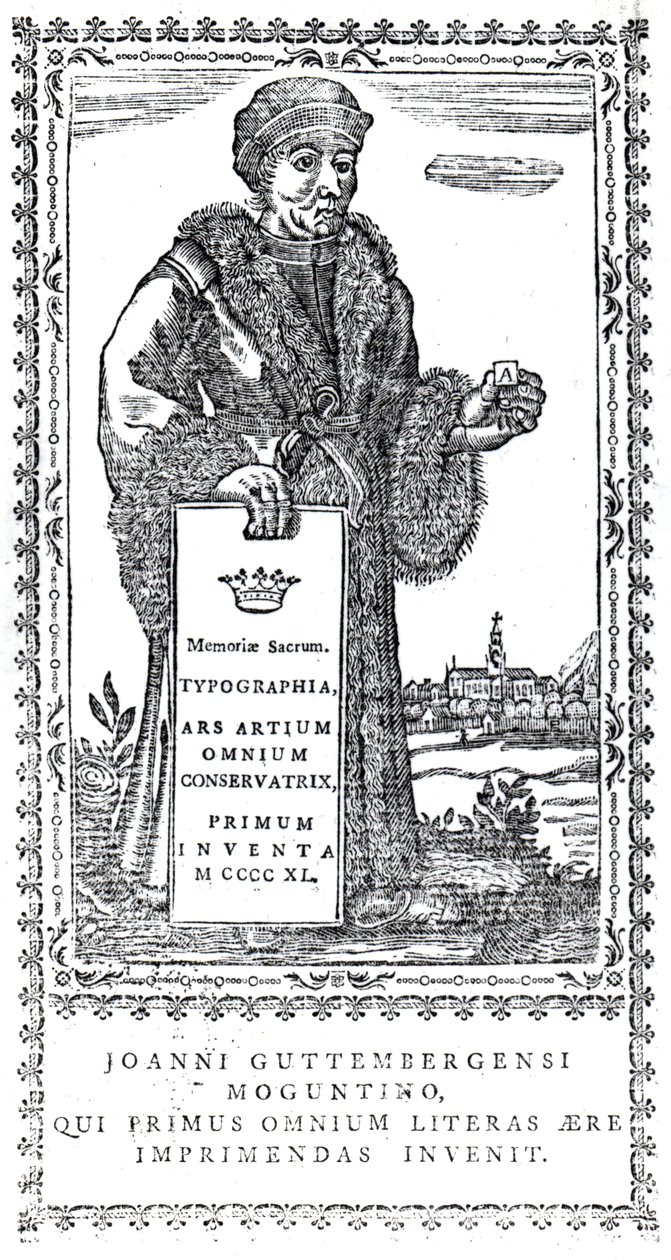 Frontispice av Johannes Gutenberg från A Concise History of the Origin and Progress of Printing av Philip Luckombe, publicerad 1770 av English School