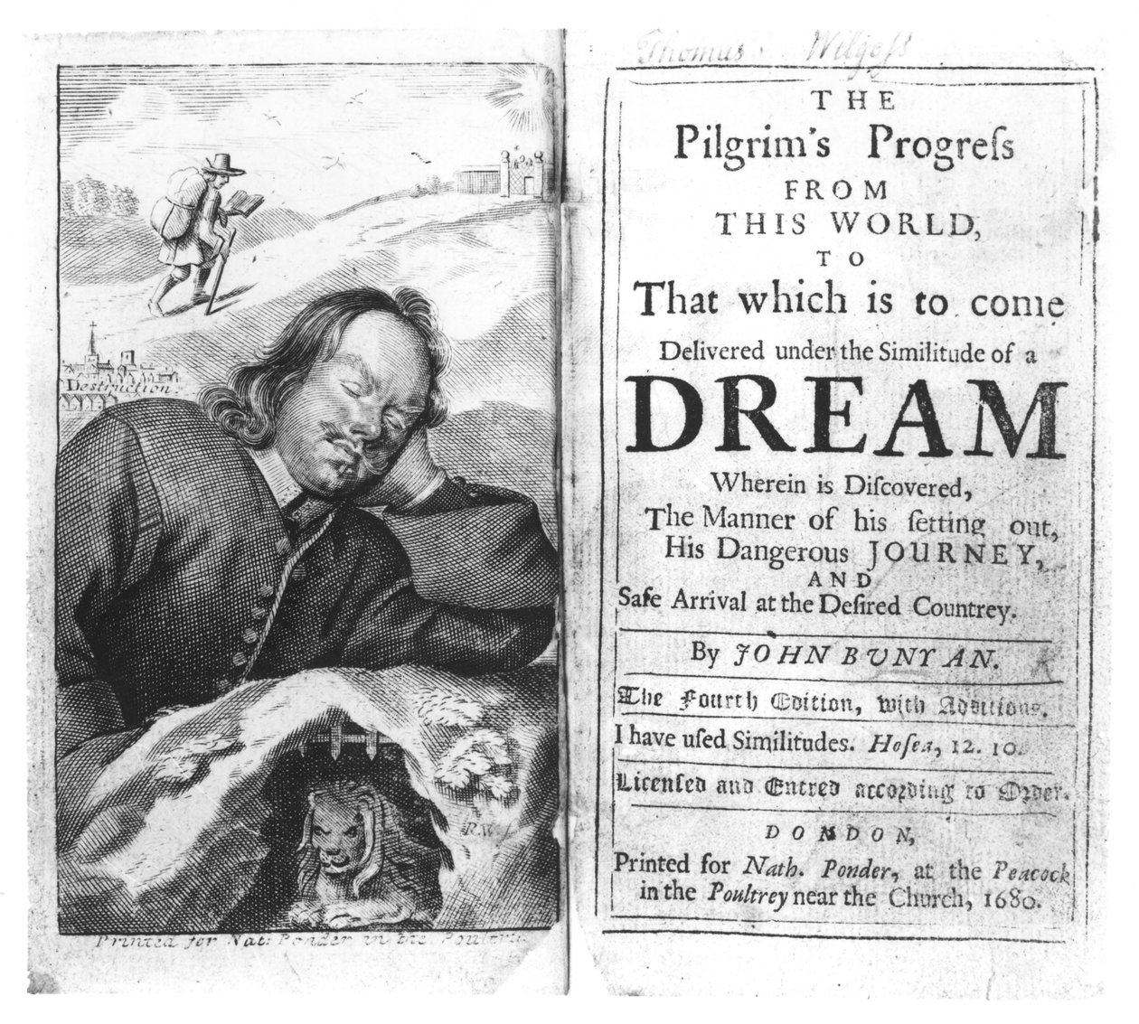 Frontispice of the Pilgrims Progress av John Bunyan (1628-88) pub. år 1680 av English School