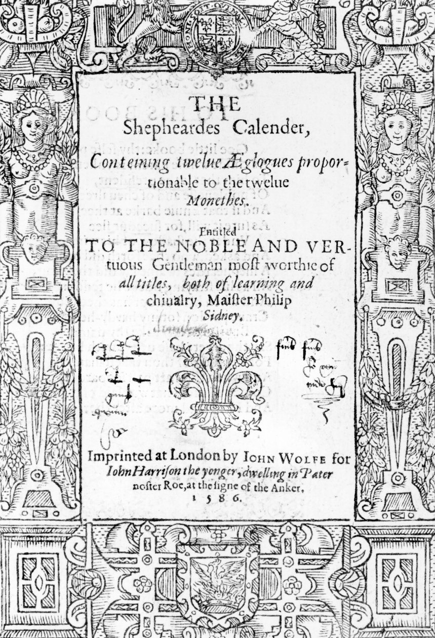Frontispice of The Shephardes Calender av Esmond Spenser (1552-99), publicerad 1586 av English School