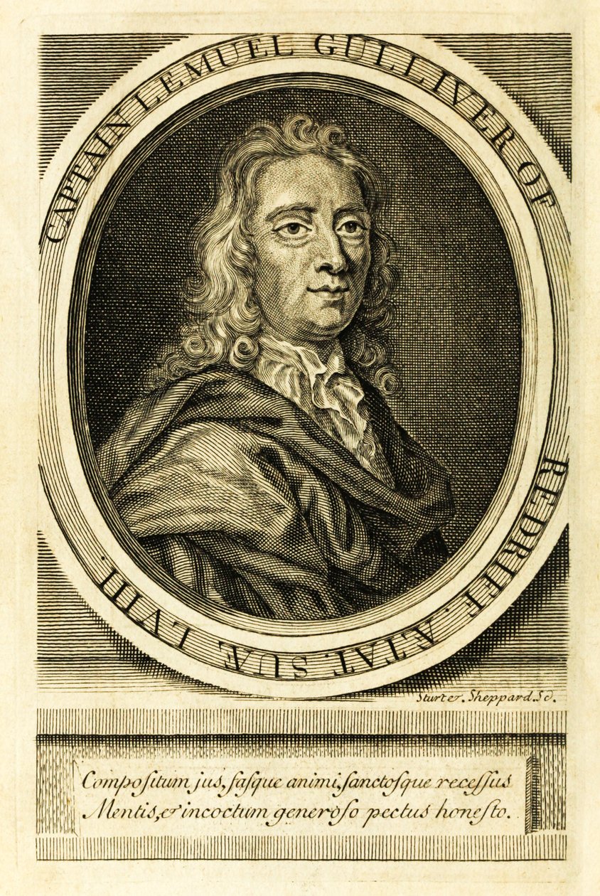Frontispice-porträtt av kapten Lemuel Gulliver från "Resor in i flera avlägsna nationer i världen" bättre känt som "Gullivers resor" av Jonathan Swift av English School
