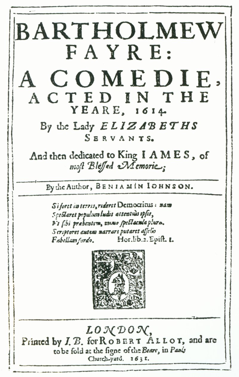 Frontispice till Bartholomew Fayre: En komedi av Benjamin Jonson (15723-1637) 1631 av English School