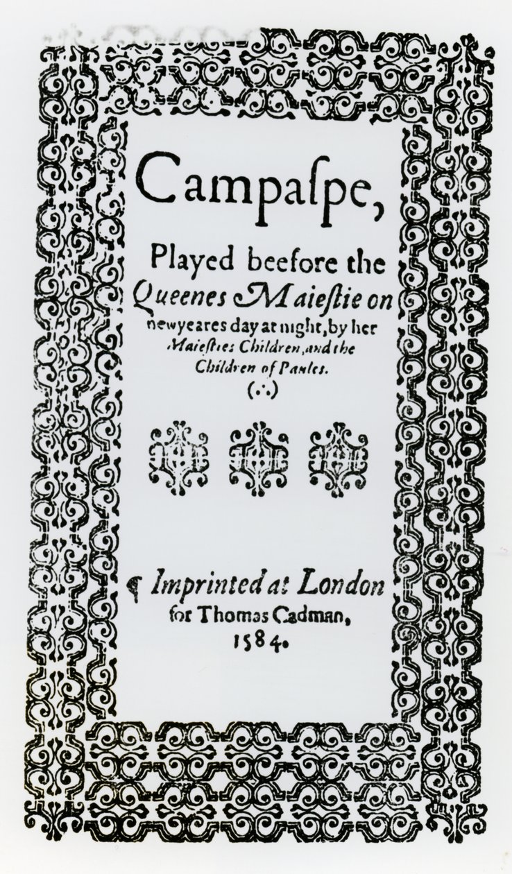 Frontispice till Campaspe av John Lyly (ca 1554-1606) 1584 av English School