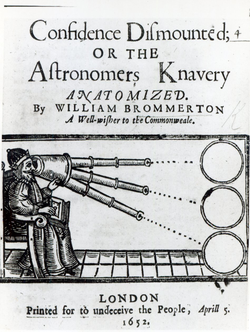 Frontispice till Confidence demonterad; eller Astronomers Knavery Anatomized av William Brommerton, publicerad 1652 av English School