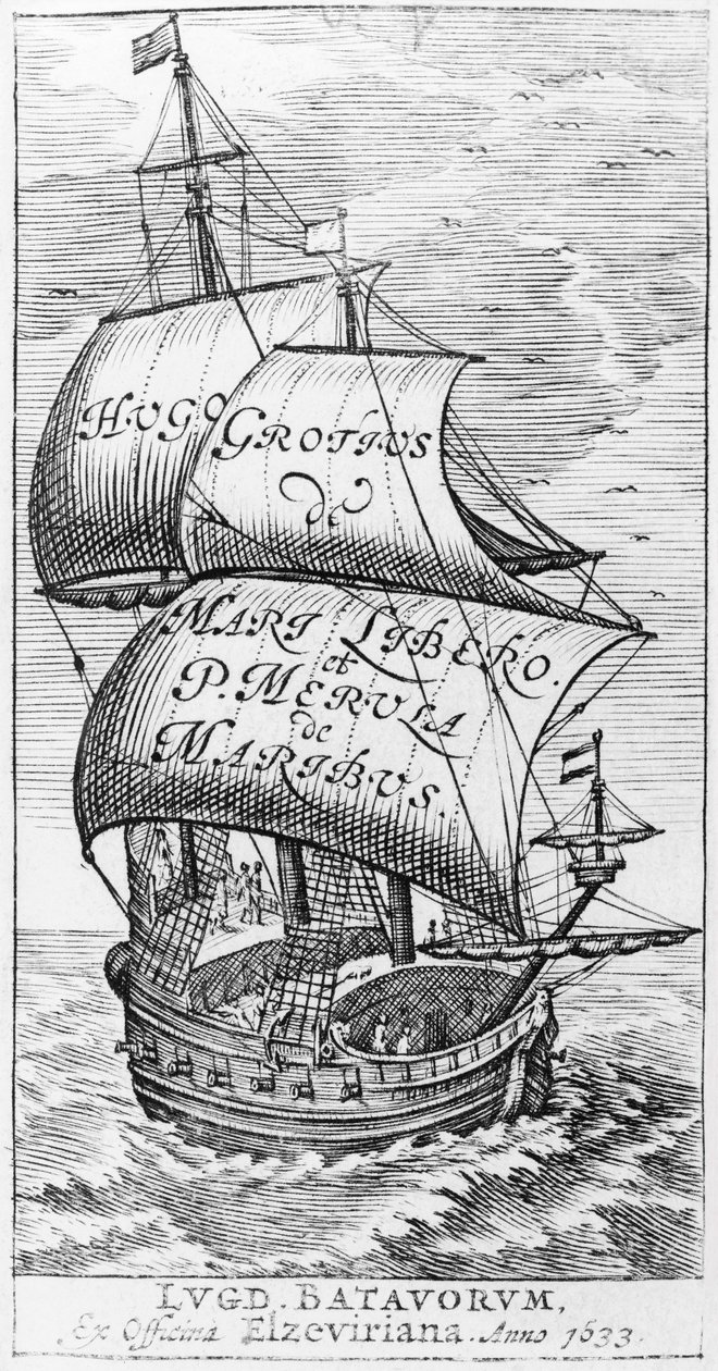Frontispice till De Maribus liber, av Hugo Grotius och Paulus van Merula de Maribus, 1633 av English School