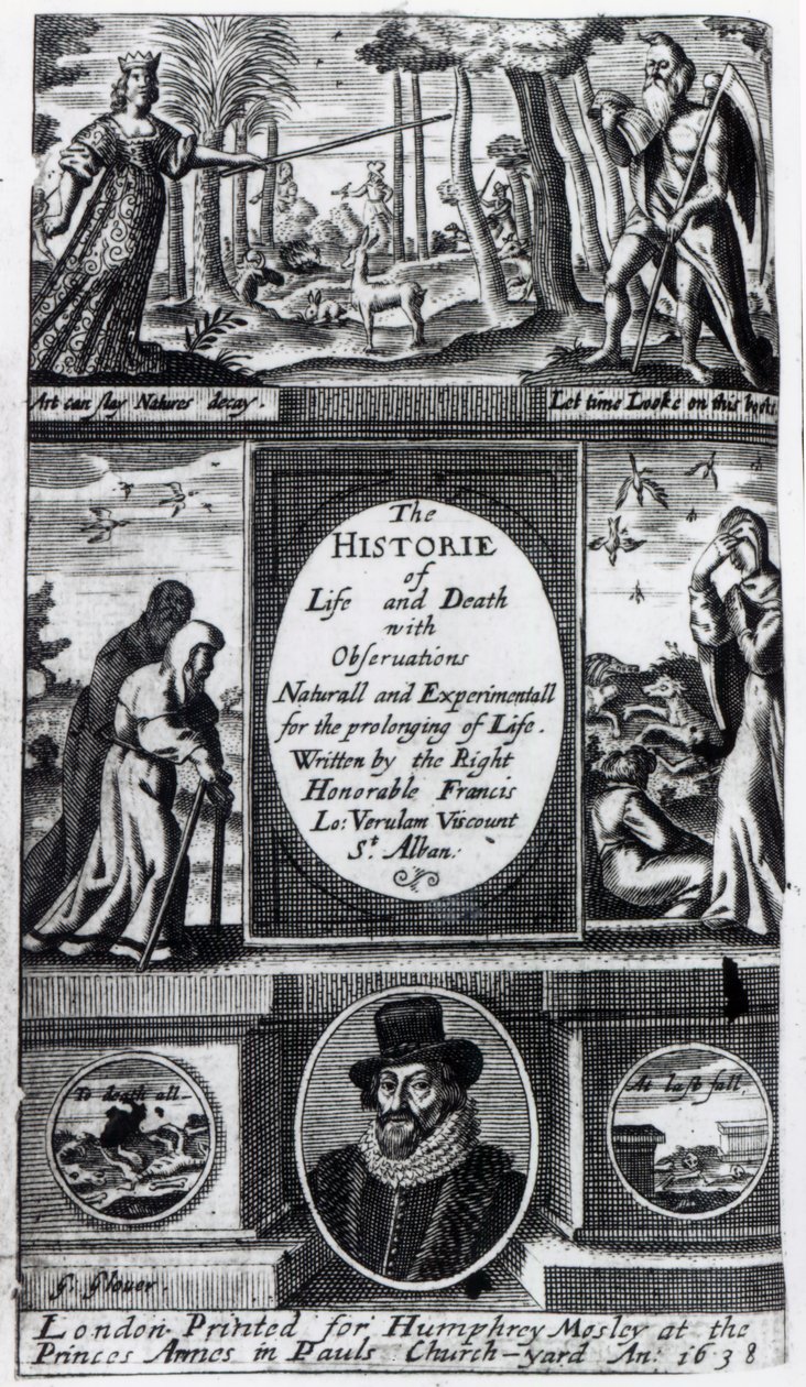 Frontispice till Francis Bacons The History of Life and Death, publicerad 1638 av English School