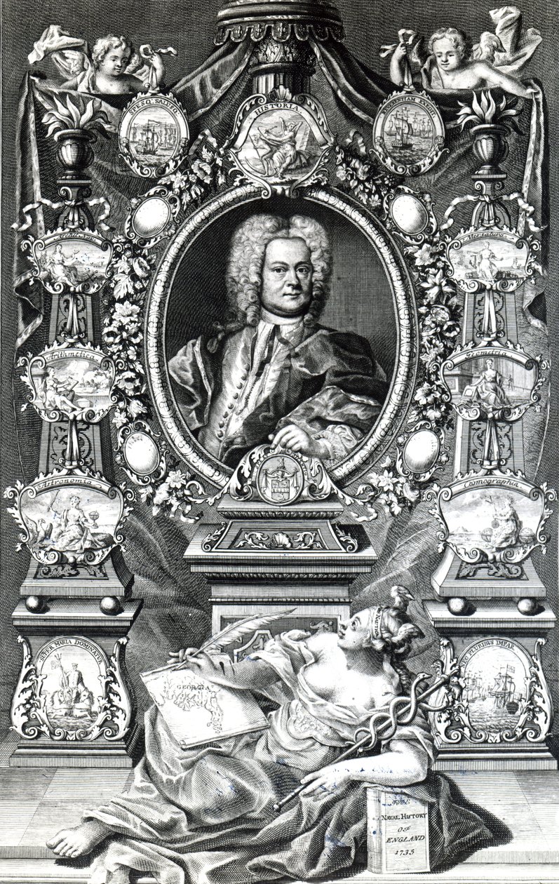Frontispice to Naval History of England av Thomas Lediard, publicerad 1735 av English School