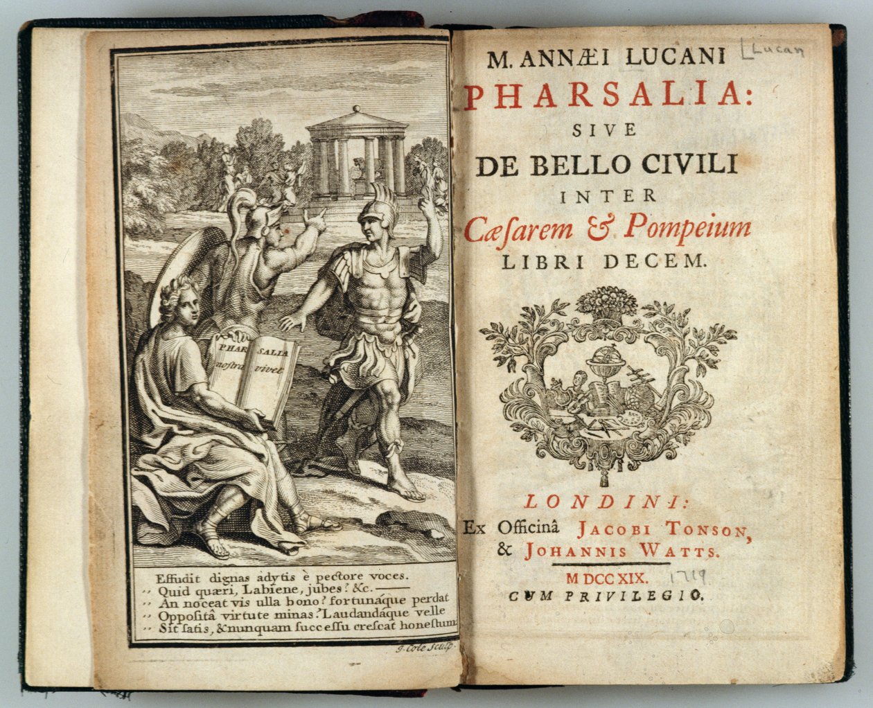 Frontispice till Pharsalia eller inbördeskriget mellan Caesar och Pompejus av Marcus Annaeus Lucan (AD 39-65) graverad av J. Cole, 1719 av English School