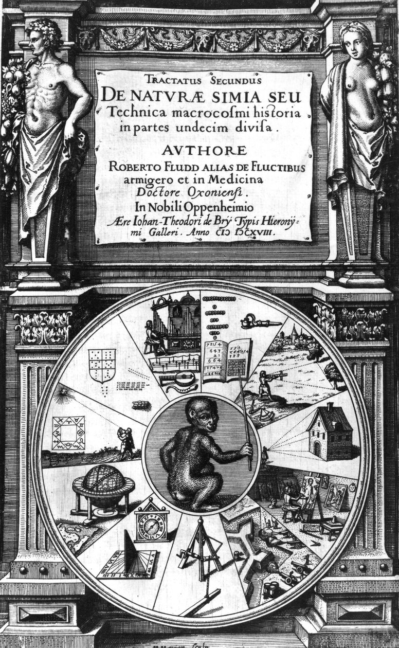 Frontispice till Robert Fludds History of the Giant Cosmopolitan: A Treatise on the Nature of the Simia Macrocosm av English School