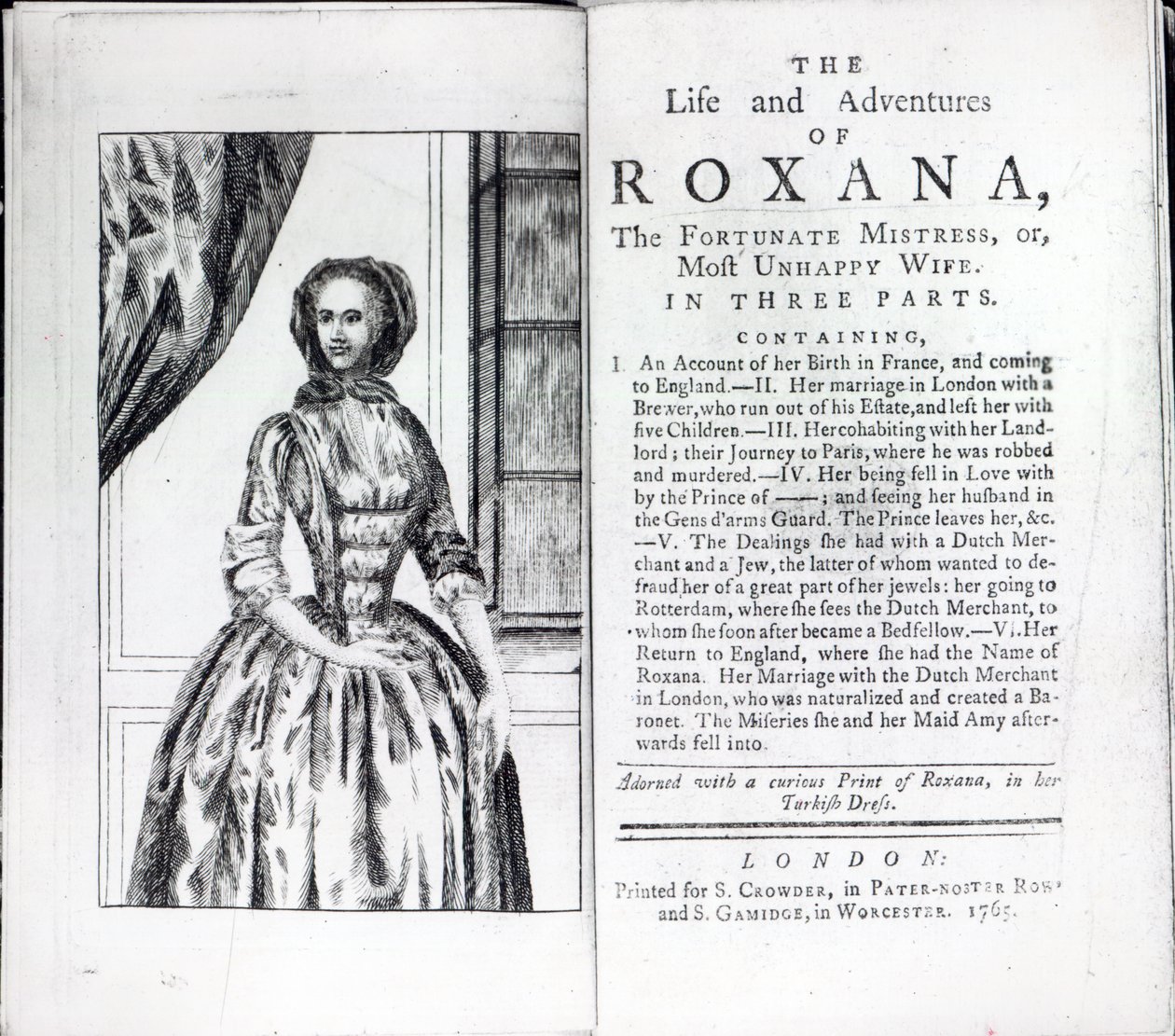Frontispice till Roxana, The Fortunate Mistress av Daniel Defoe, upplaga publicerad 1765 (tryck) av English School