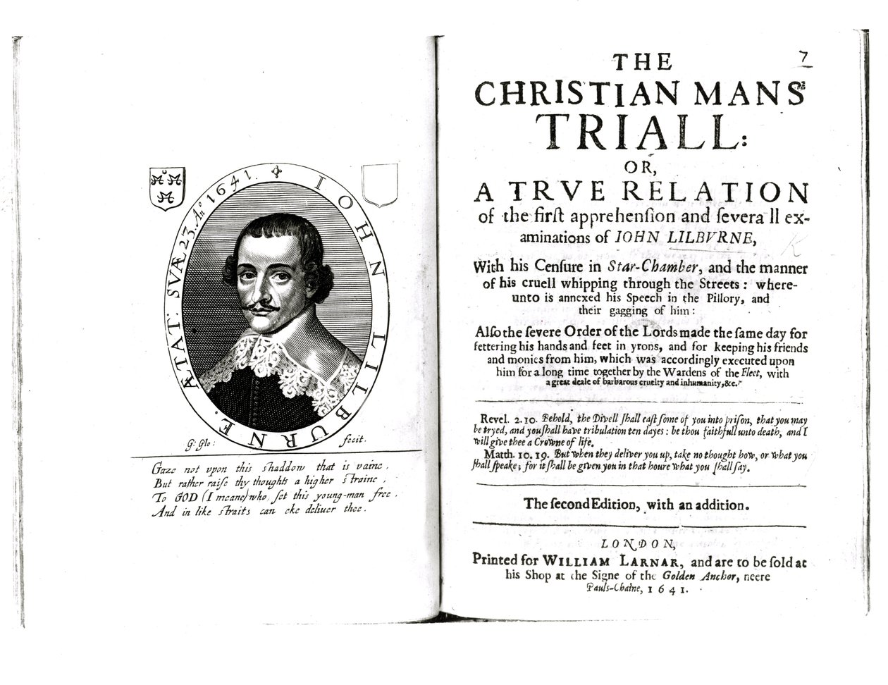 Frontispice till The Christian Mans Trial av John Lilburne (ca 1614-57) 1641 av English School