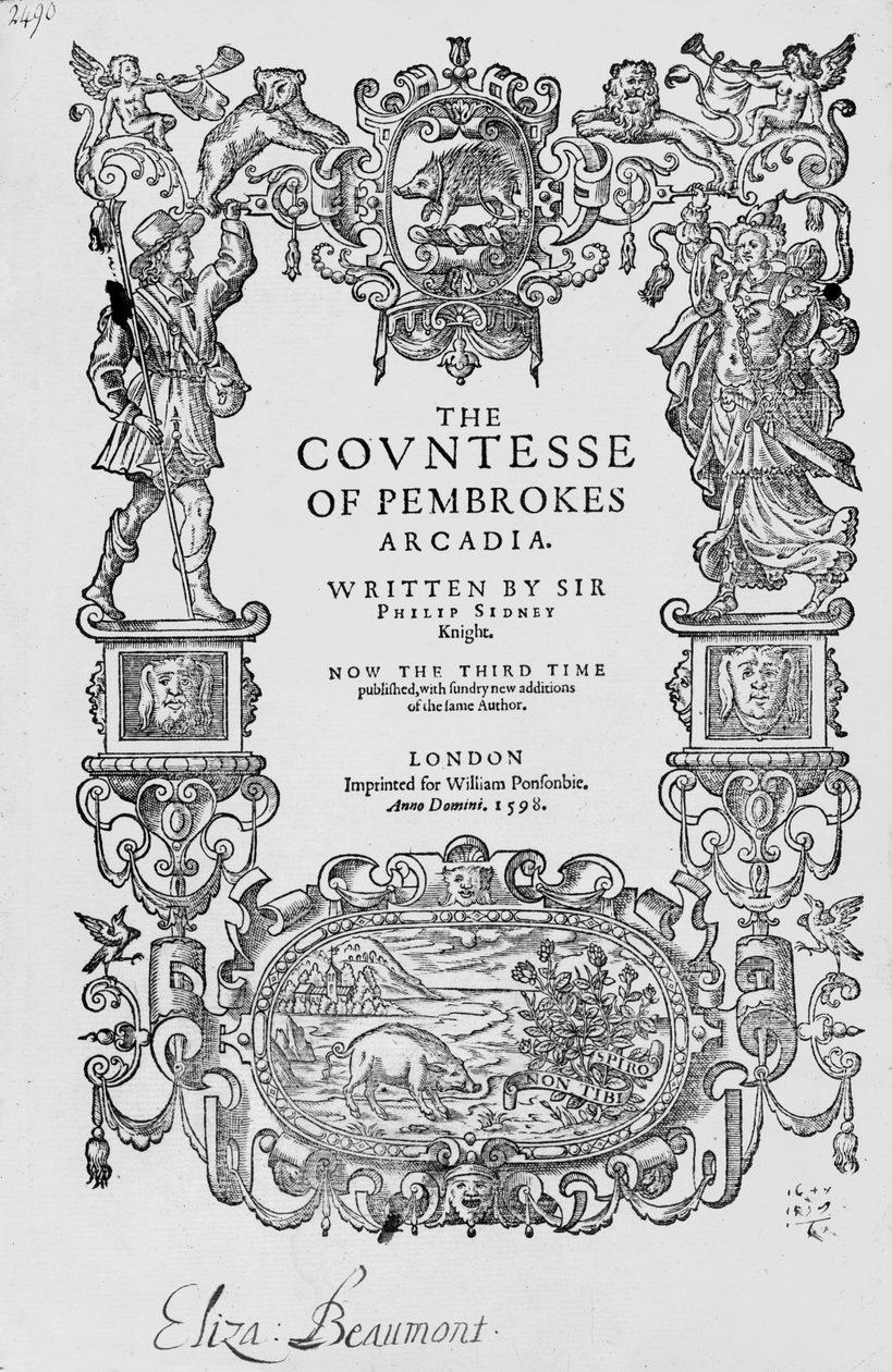 Frontispice till grevinnan av Pembrokes Arcadia, 1592, av Sir Philip Sidney (1554-86), tredje upplagan, pub.1598 av English School