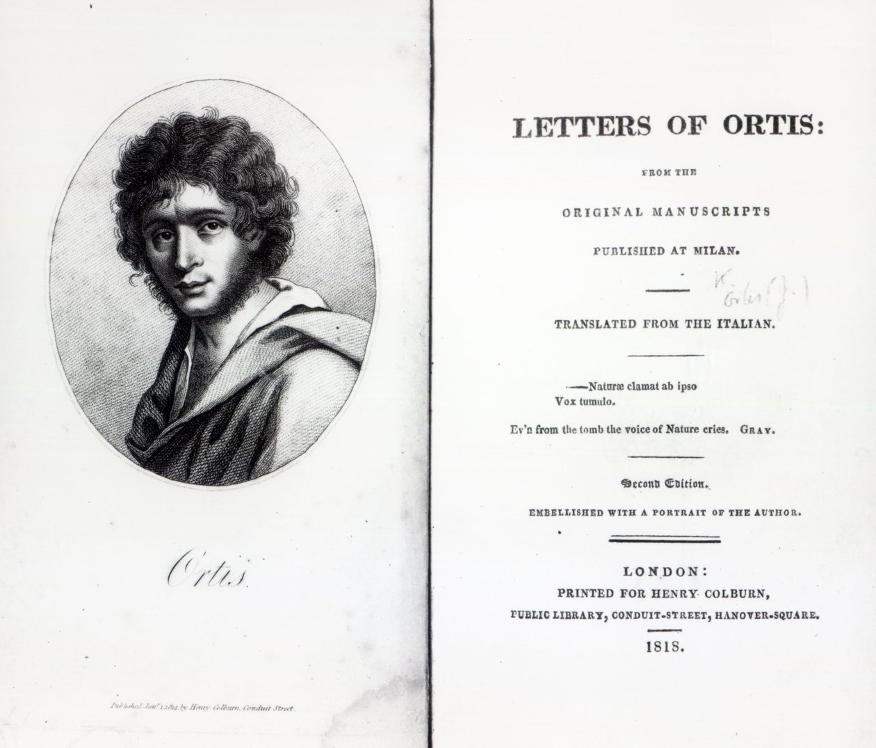 Frontispice till The Letters of Ortis av Niccolo Ugo Foscolo, upplaga publicerad 1818 av English School
