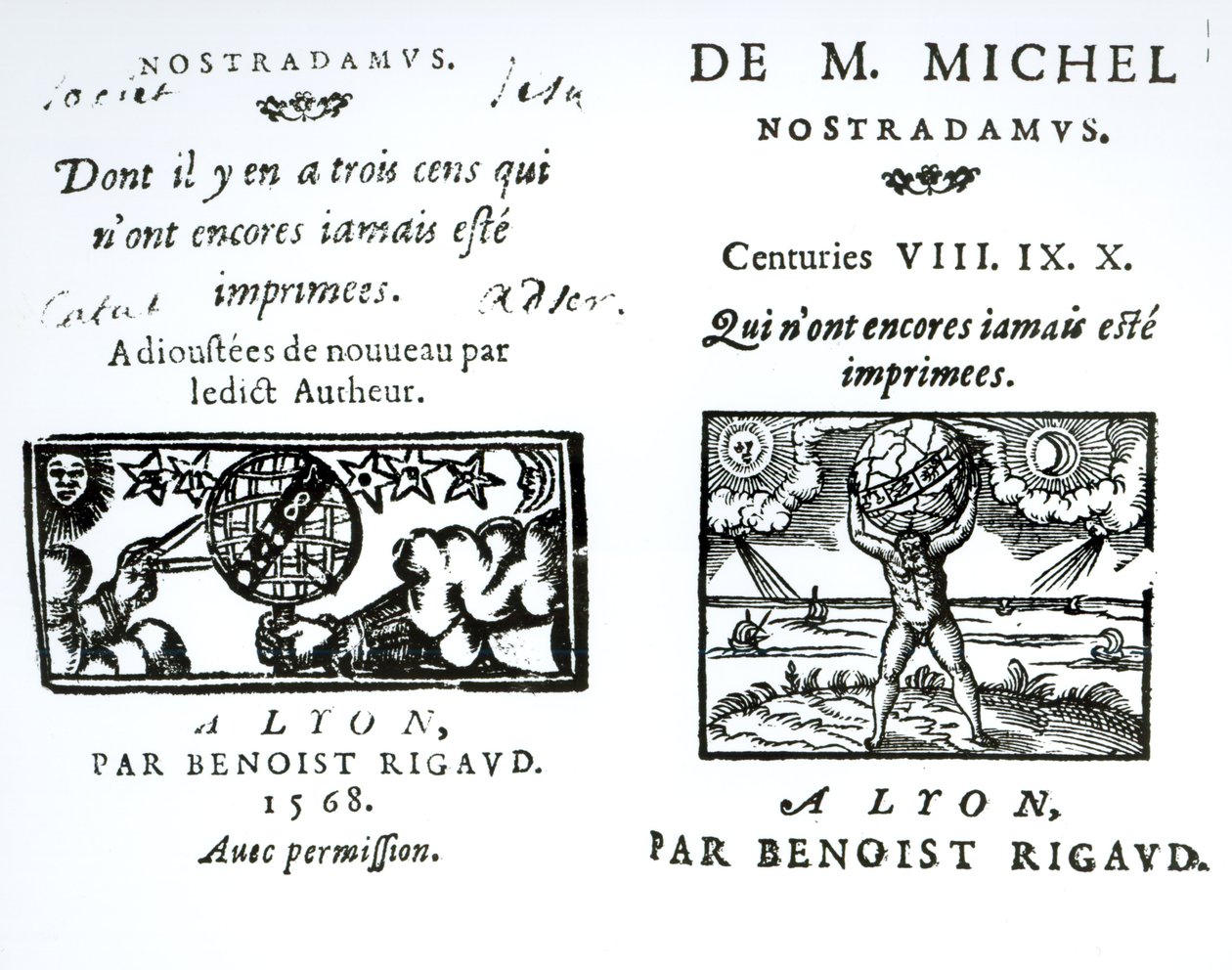 Frontispice till The Prophecies of M. Michel Nostradamus, pub. av Benoist Rigaud, 1568 av English School