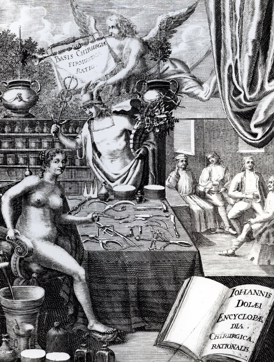 Frontispice till en Encyclopaedia of Surgical Thought av John Dolaeus av English School