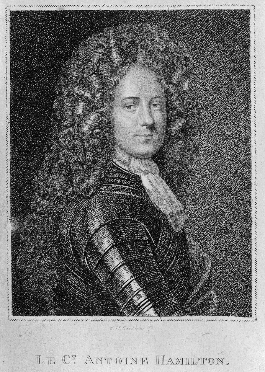 Frontispice till "Memoirs of Count Grammont" med ett porträtt av författaren Antoine Hamilton, graverat av William Nelson Gardiner, engelsk utgåva, 1809. av English School