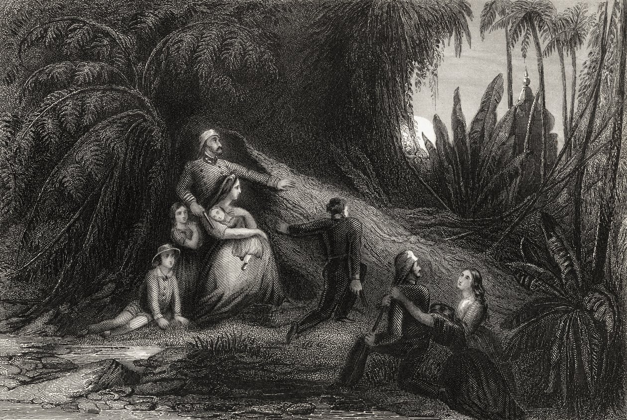 Flyktande officerare med sina familjer gömmer sig i lila, från "The History of the Indian Mytery" publicerad 1858 av English School