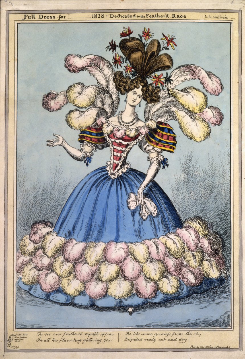 Helklänning för ?1828. Tillägnad Featherd Race, pub. London, 1828 (handfärgad gravyr) av English School