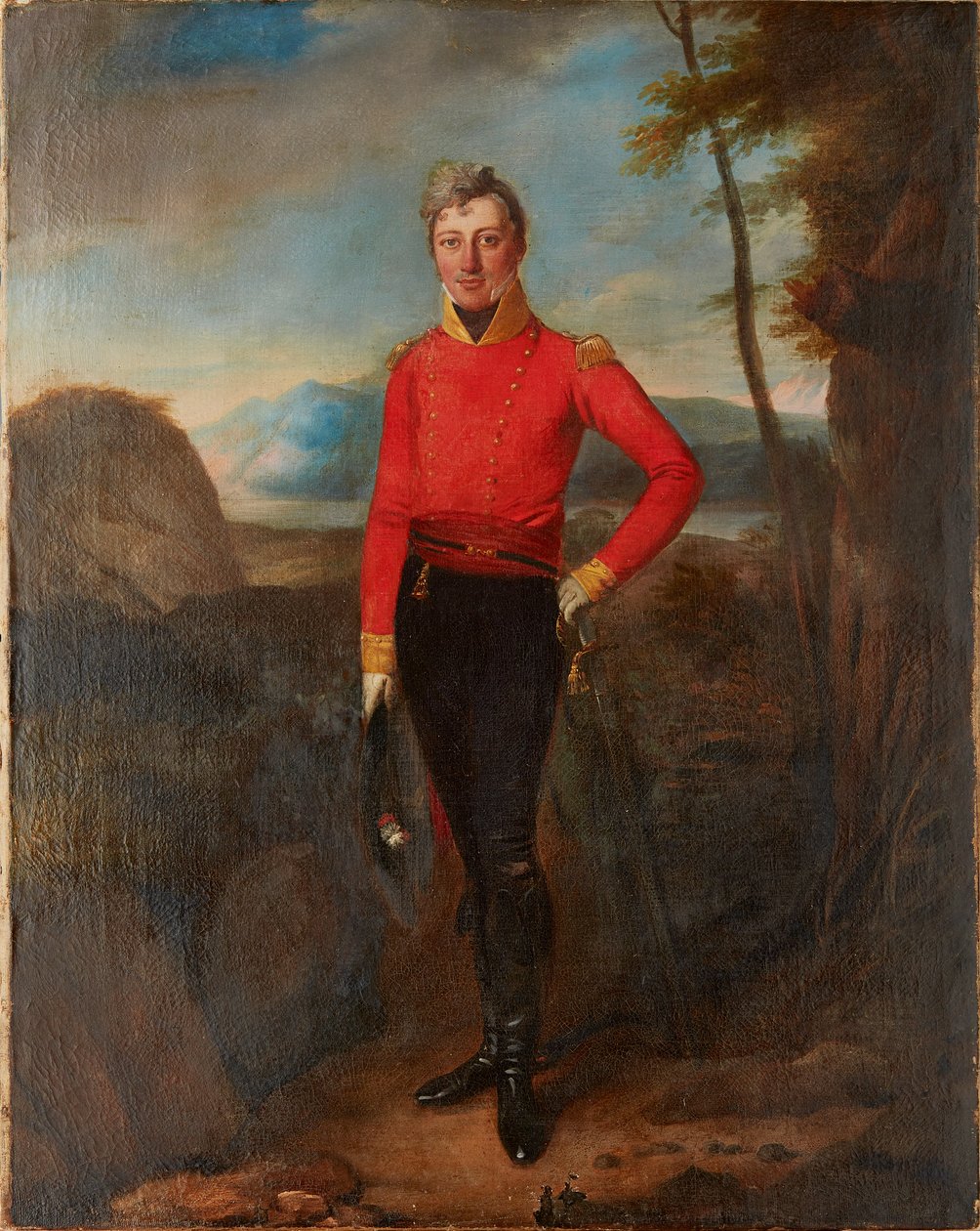 Hellängdsporträtt av en fältofficer i det brittiska infanteriet (olja på duk) av English School